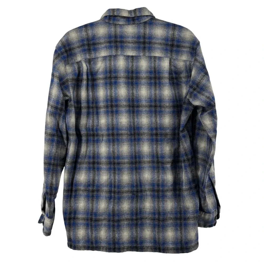 Pendleton Board Shirt Men Medium Blue Grey Plaid 100% Virgin Lace Wool Button Up - Picture 2 of 9